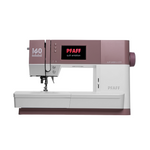 Front view of a Pfaff quilt ambition 160 year anniversary edition sewing machine on a white background. 