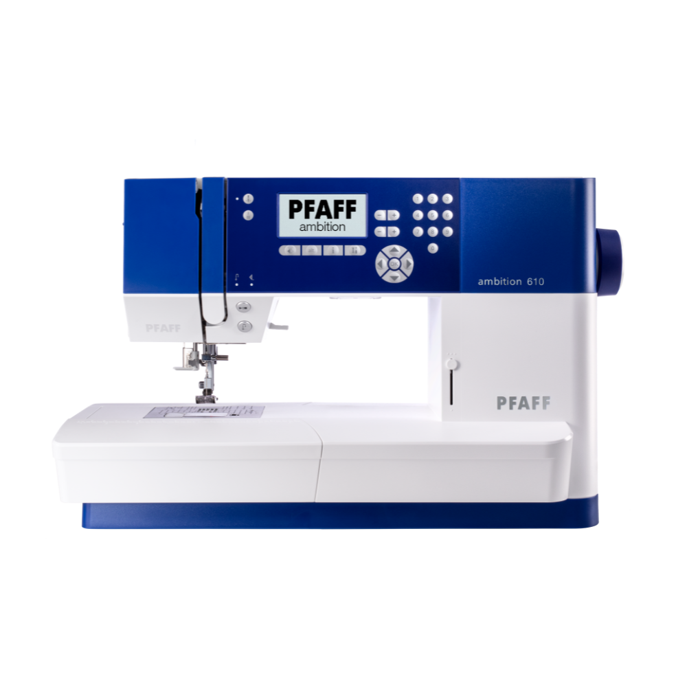 Pfaff ambition 610 sewing machine in white and dark blue on a white background. 