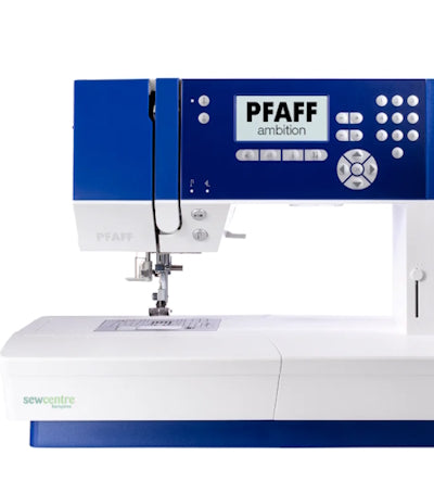 Pfaff ambition 610 sewing machine in white and dark blue on a white background. 