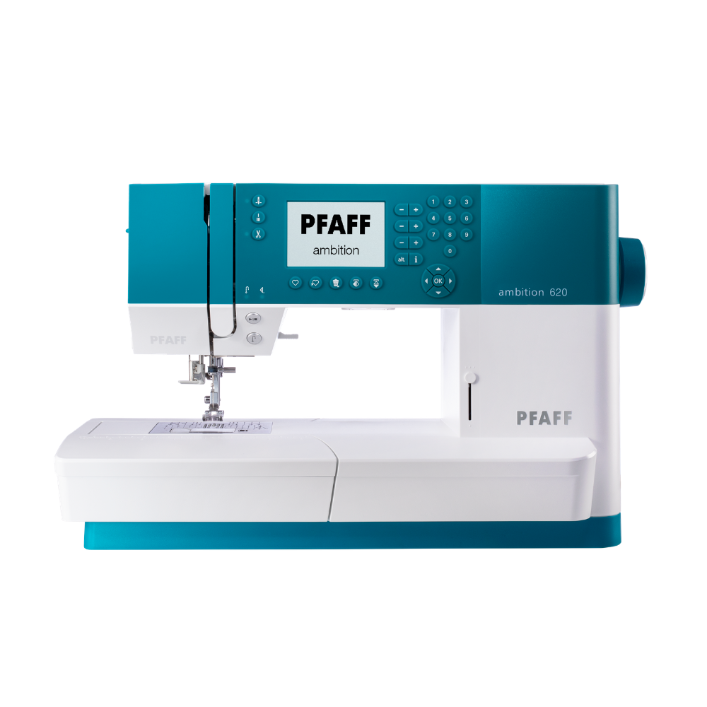 Pfaff ambition 620 sewing machine in blue and white on a white background. 
