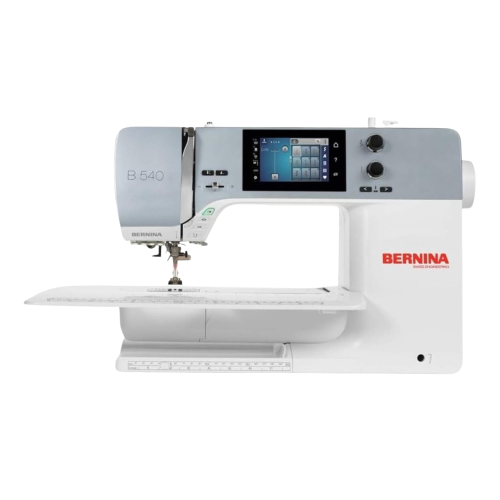 side view of bernina B 540 sewing machine in silver and white with digital display.