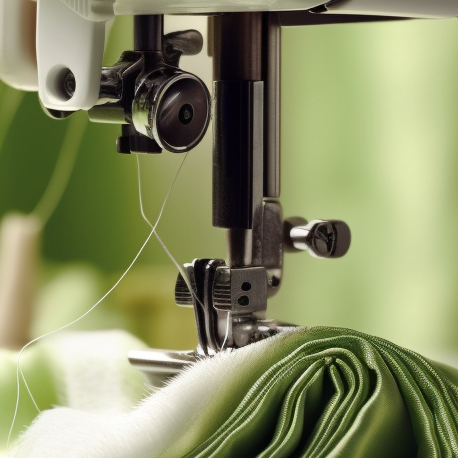 close up of sewing foot sewing a greeen cloth.