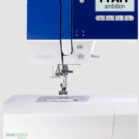 Pfaff ambition 610 sewing machine in white and dark blue on a white background. 