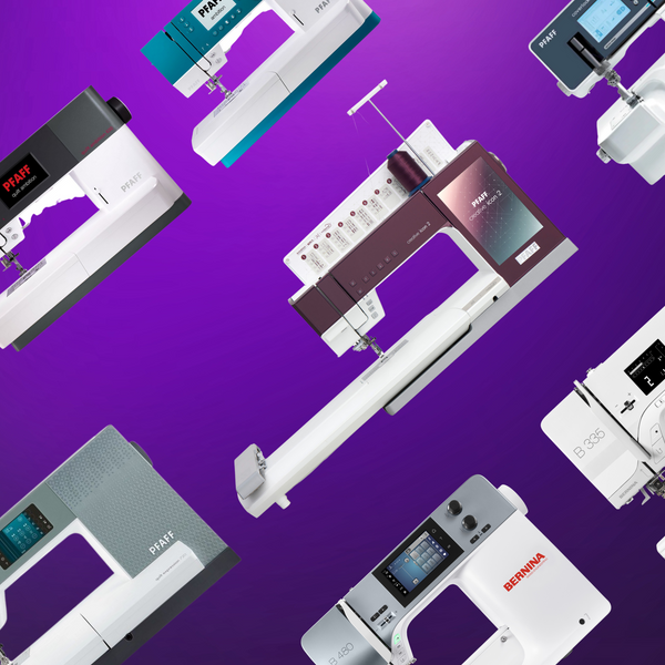 A collection of Bernina and Pfaff sewing machines on a purple background. 