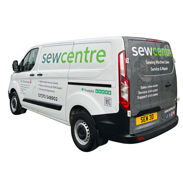 Rear view of Sew Centre's sales, service and repair van.