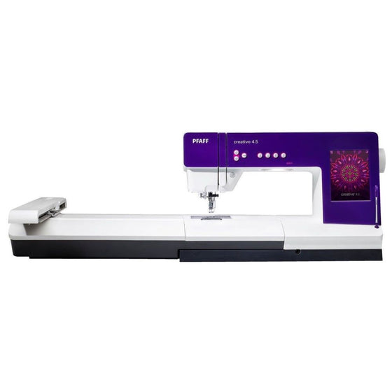 Front view of a Pfaff Creative 4.5 sewing machine in purple on a white background. 