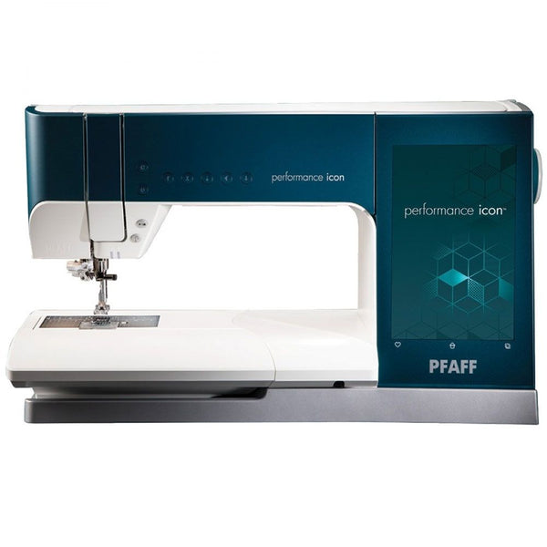 Front view of a Pfaff performance icon sewing machine on a white background.