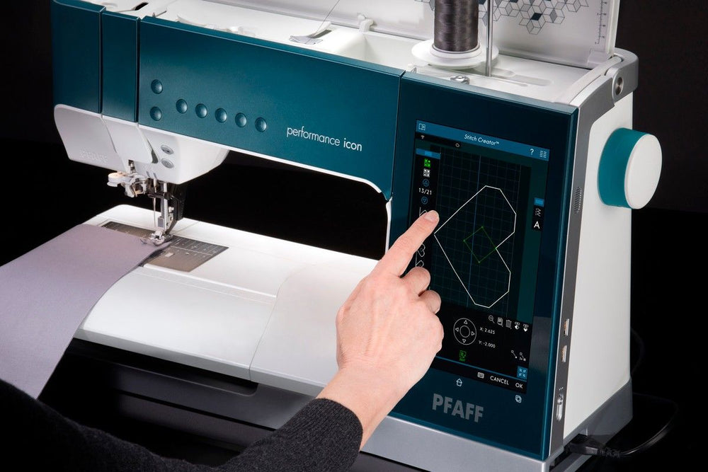 Front view of a Pfaff performance icon sewing machine on a white background.