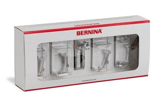 Bernina presser foot set in a cardboard bernina box. 