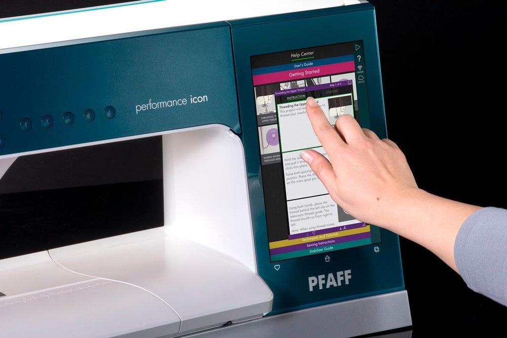 Front view of a Pfaff performance icon sewing machine on a white background.